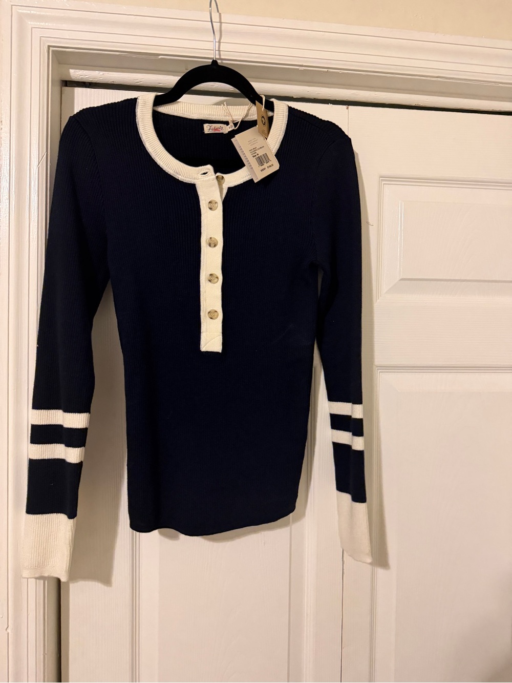 Faherty Navy and Cream Ribbed Henley Sweater